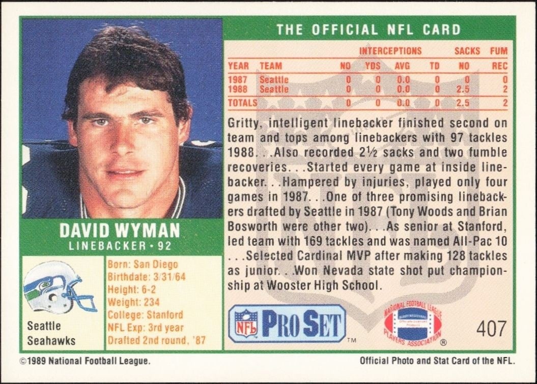 1989 Pro Set David Wyman #407 football trading card back