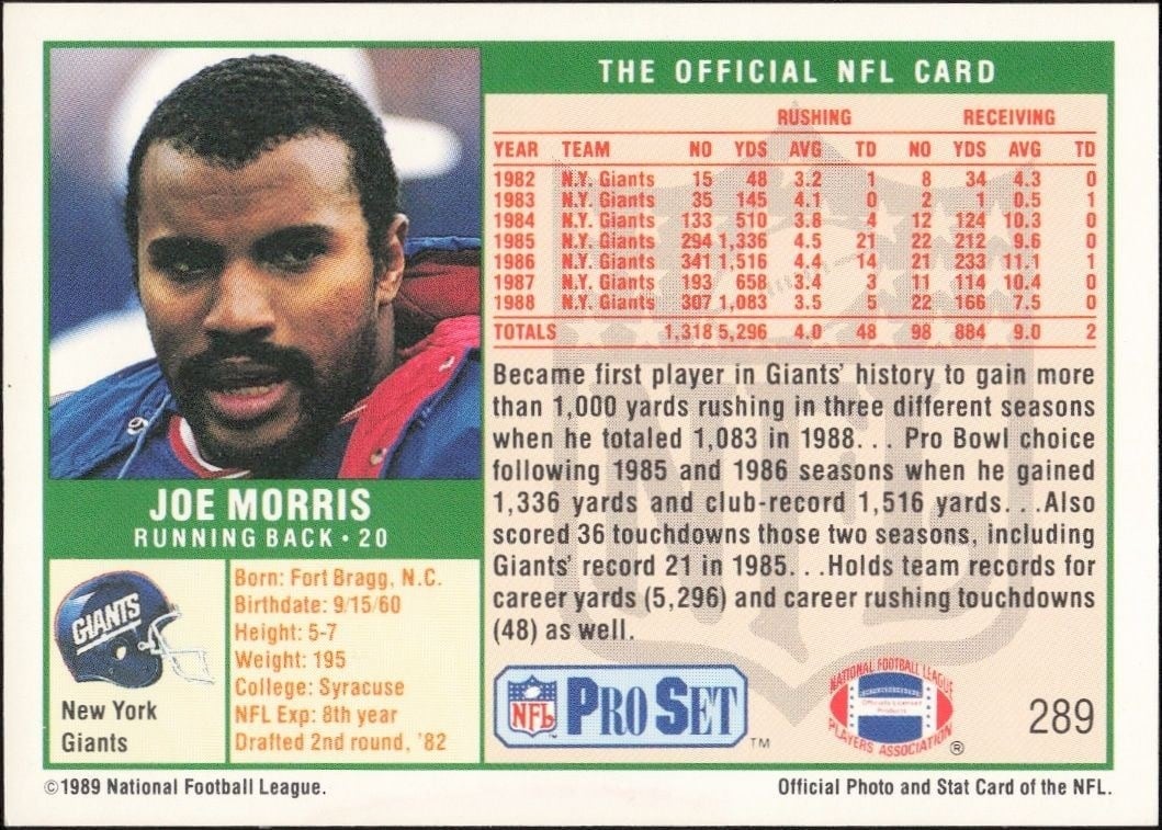 1989 Pro Set Joe Morris #289 football trading card back