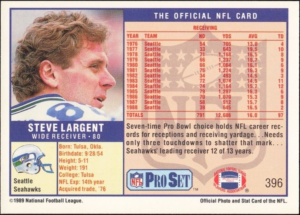 1989 Pro Set Steve Largent #396 football trading card back