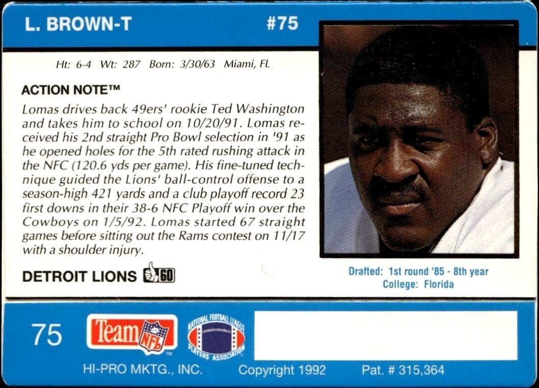 1992 Action Packed Lomas Brown #75 football trading card back