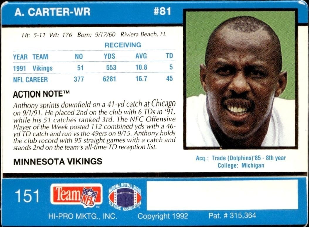 1992 Action Packed Anthony Carter #151 football trading card back