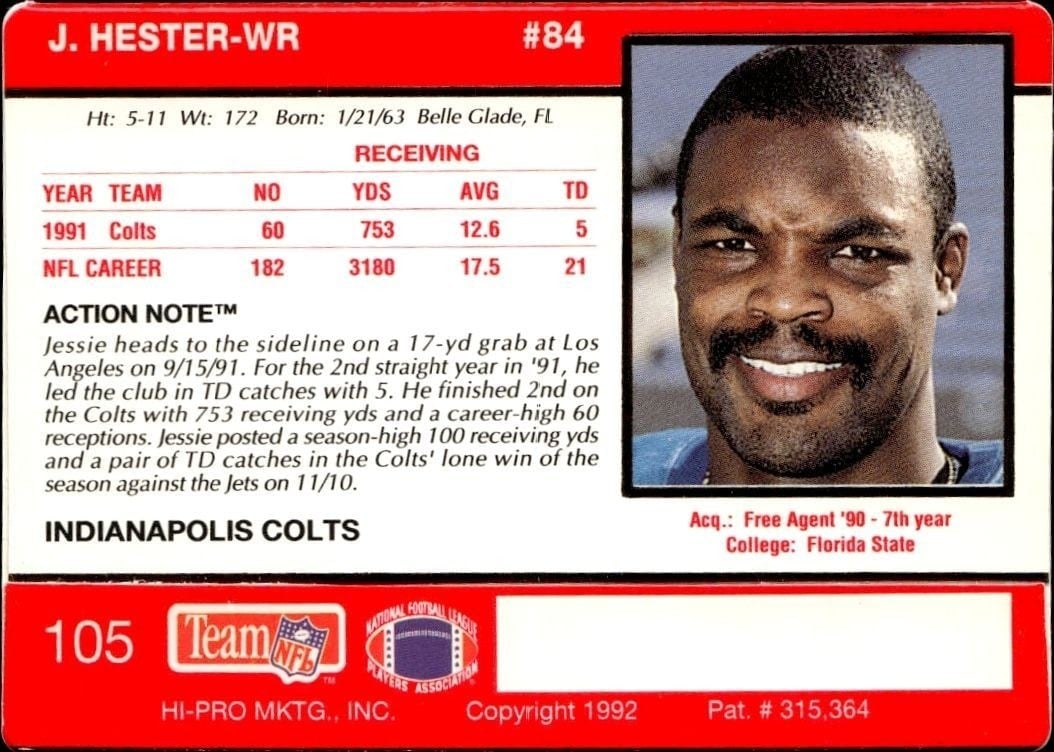 1992 Action Packed Jessie Hester #105 football trading card back