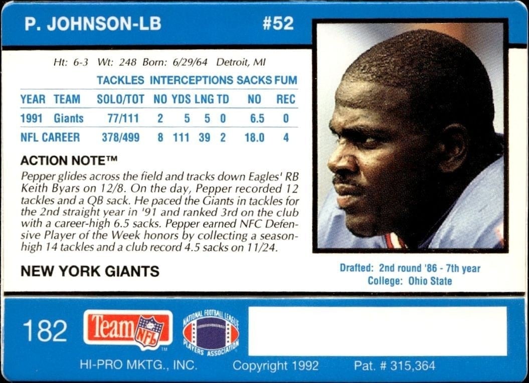1992 Action Packed Pepper Johnson #182 football trading card back