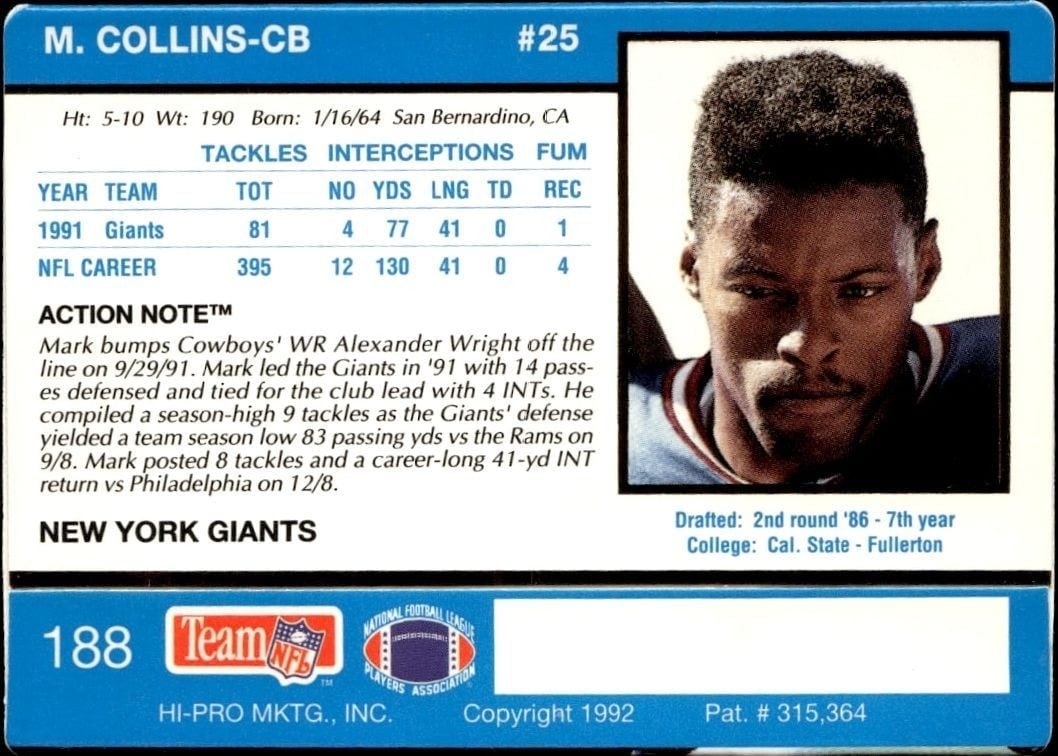 1992 Action Packed Mark Collins #188 football trading card back