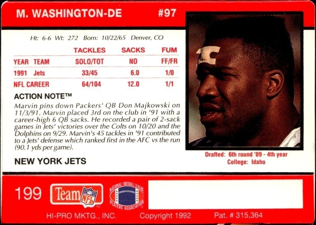 1992 Action Packed Marvin Washington #199 football trading card back