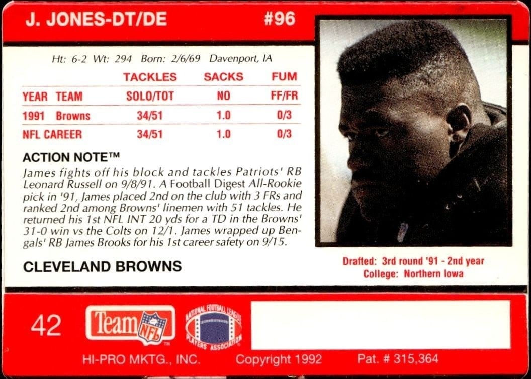 1992 Action Packed James Jones #42 football trading card back