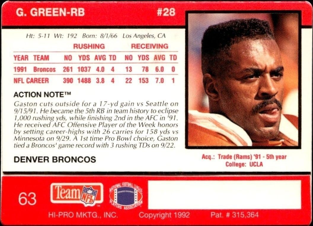 1992 Action Packed Gaston Green #63 football trading card back