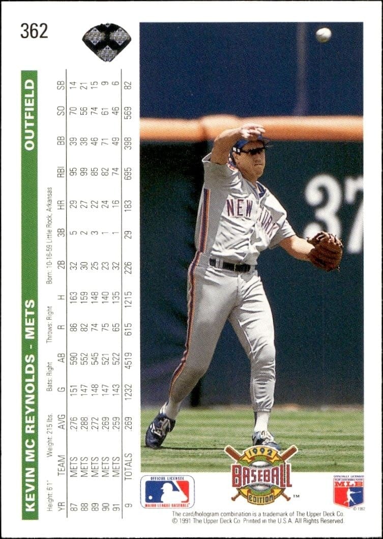 1992 Upper Deck Kevin McReynolds #362 baseball trading card back