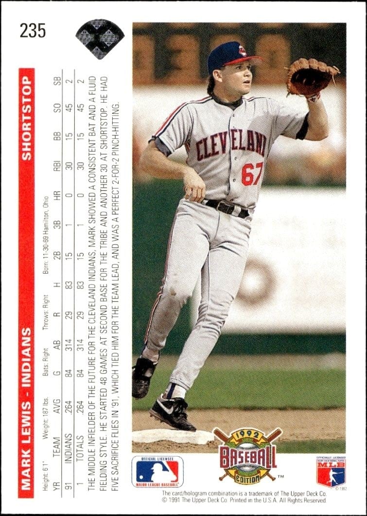 1992 Upper Deck Mark Lewis #235 baseball trading card back