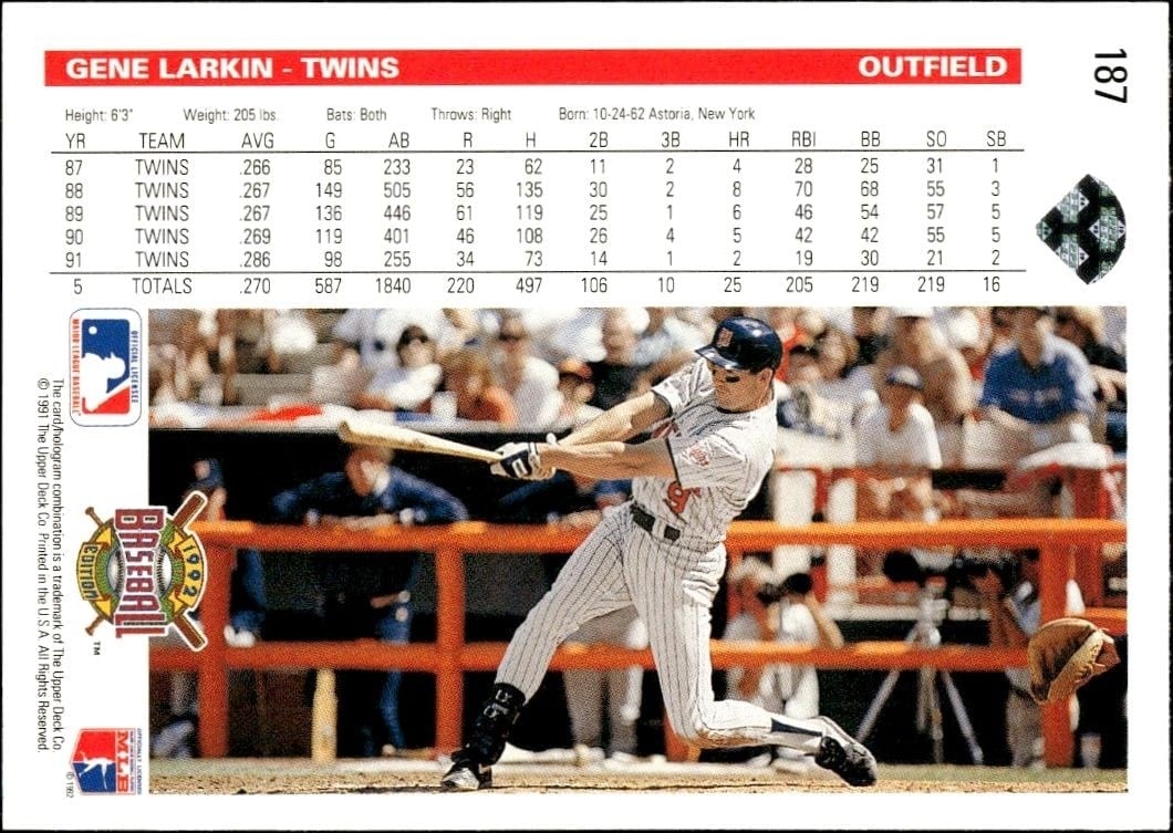 1992 Upper Deck Gene Larkin #187 baseball trading card back
