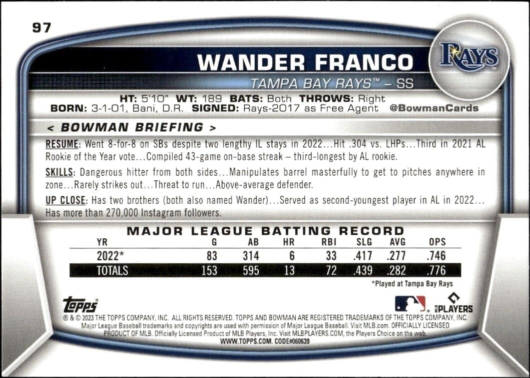 2023 Bowman Wander Franco #97 baseball trading card back