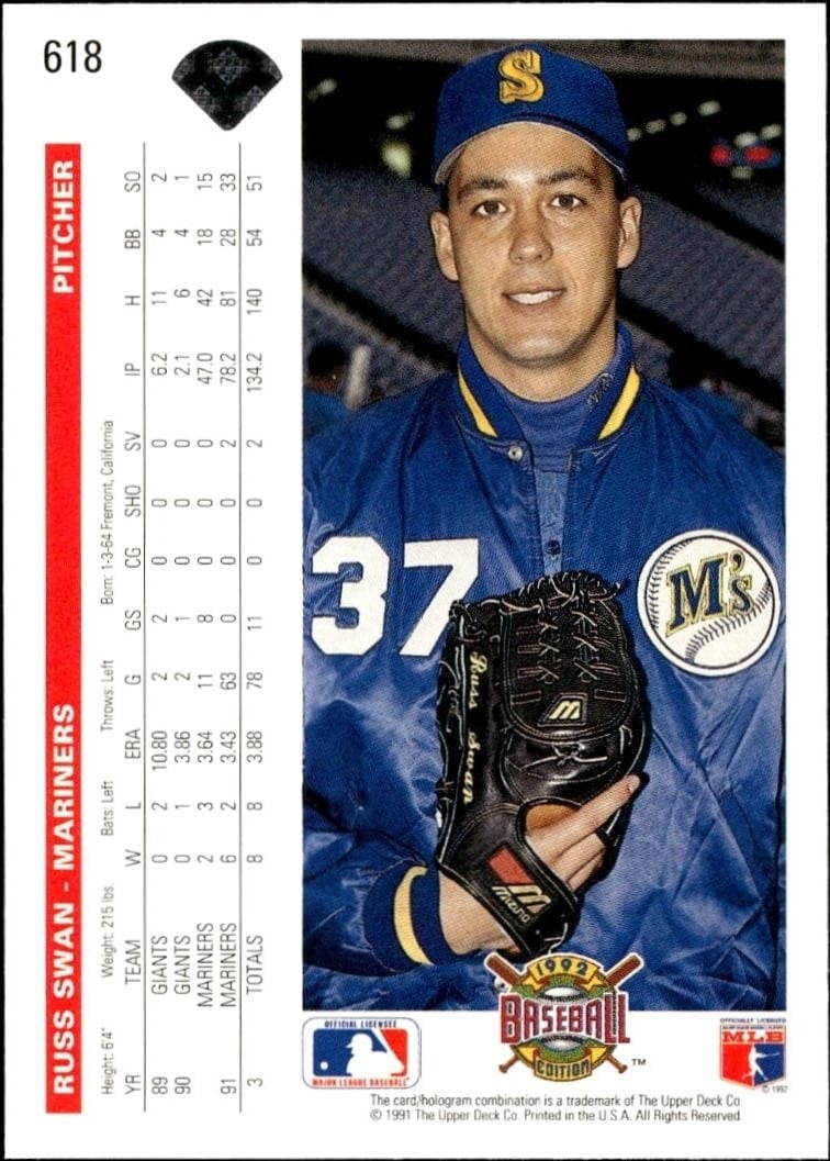 1992 Upper Deck Russ Swan #618 baseball trading card back