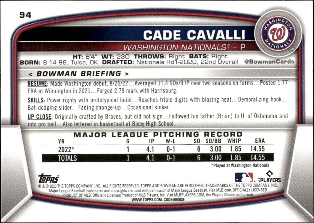 2023 Bowman Cade Cavalli #94 baseball trading card back