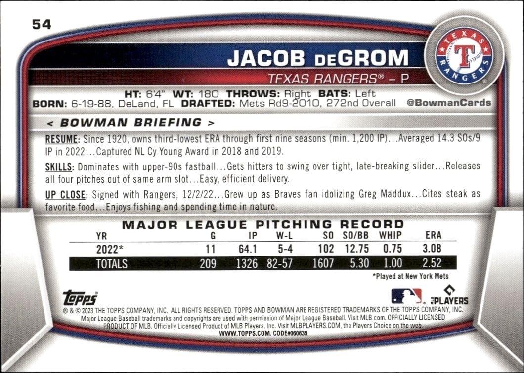 2023 Bowman Jacob DeGrom #54 baseball trading card back