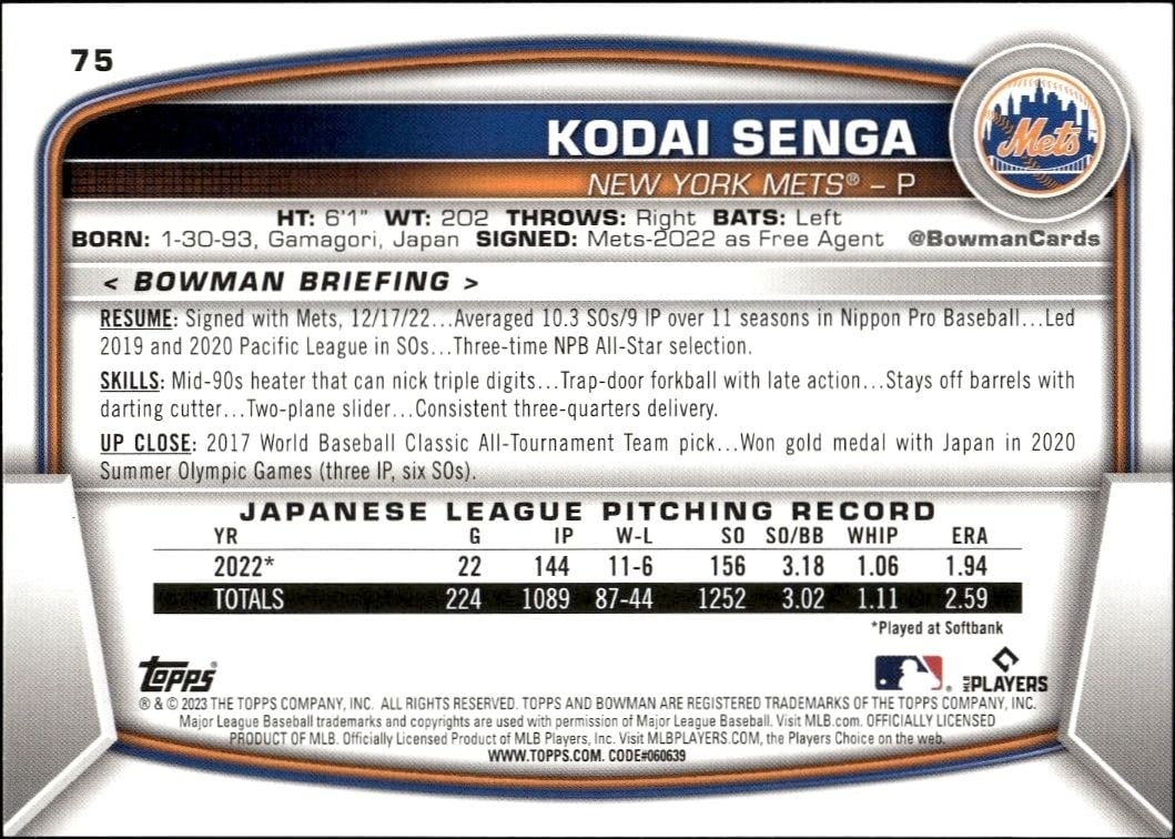 2023 Bowman Kodai Senga #75 baseball trading card back
