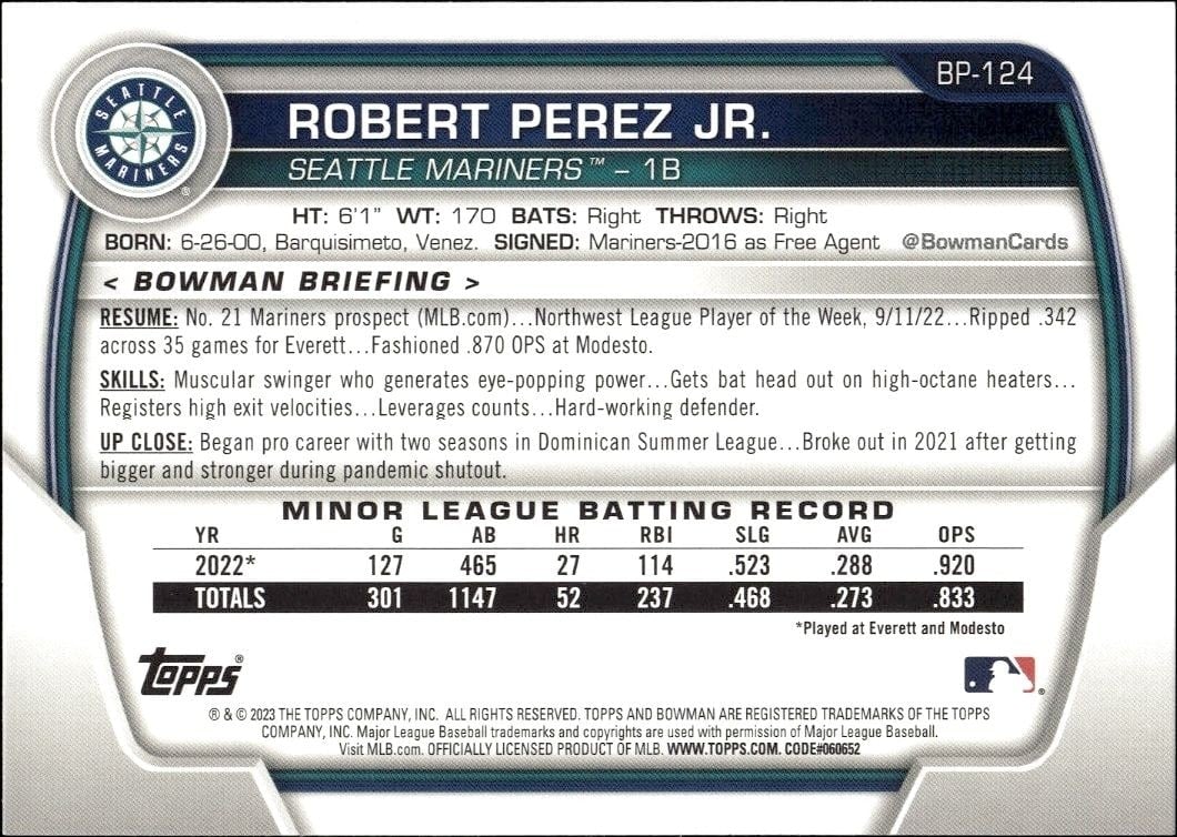 2023 Bowman Robert Perez Jr. #BP-124 baseball trading card back