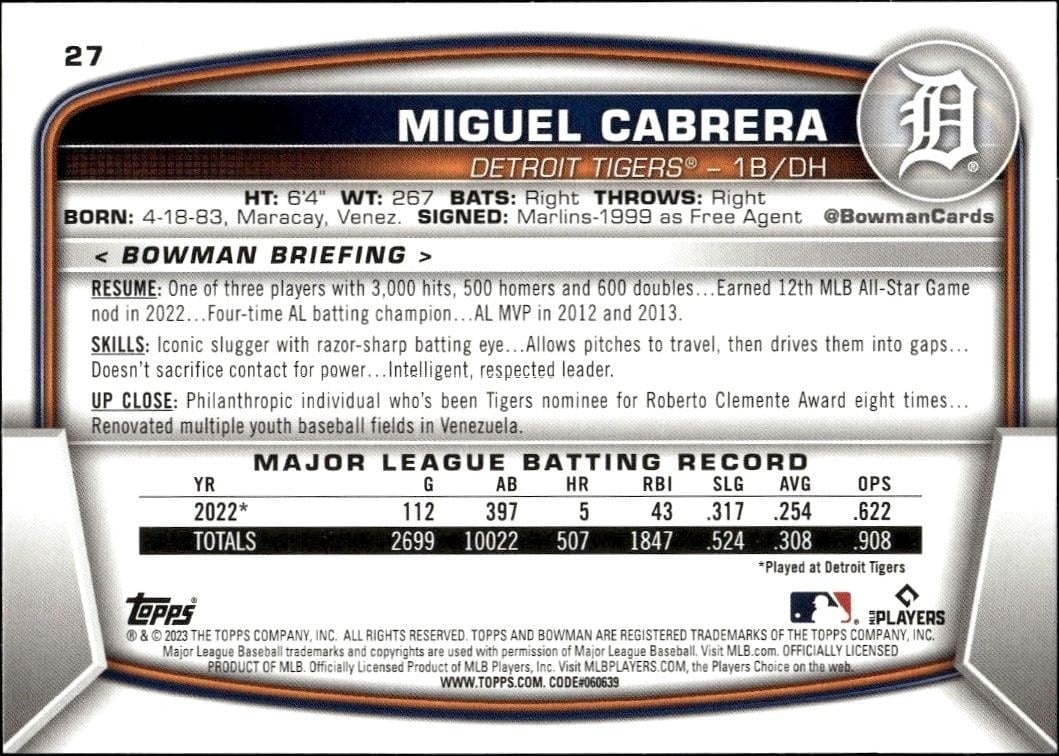 2023 Bowman Miguel Cabrera #27 baseball trading card back