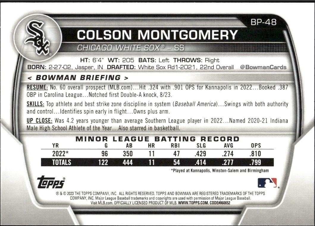 2023 Bowman Colson Montgomery #BP-48 baseball trading card back