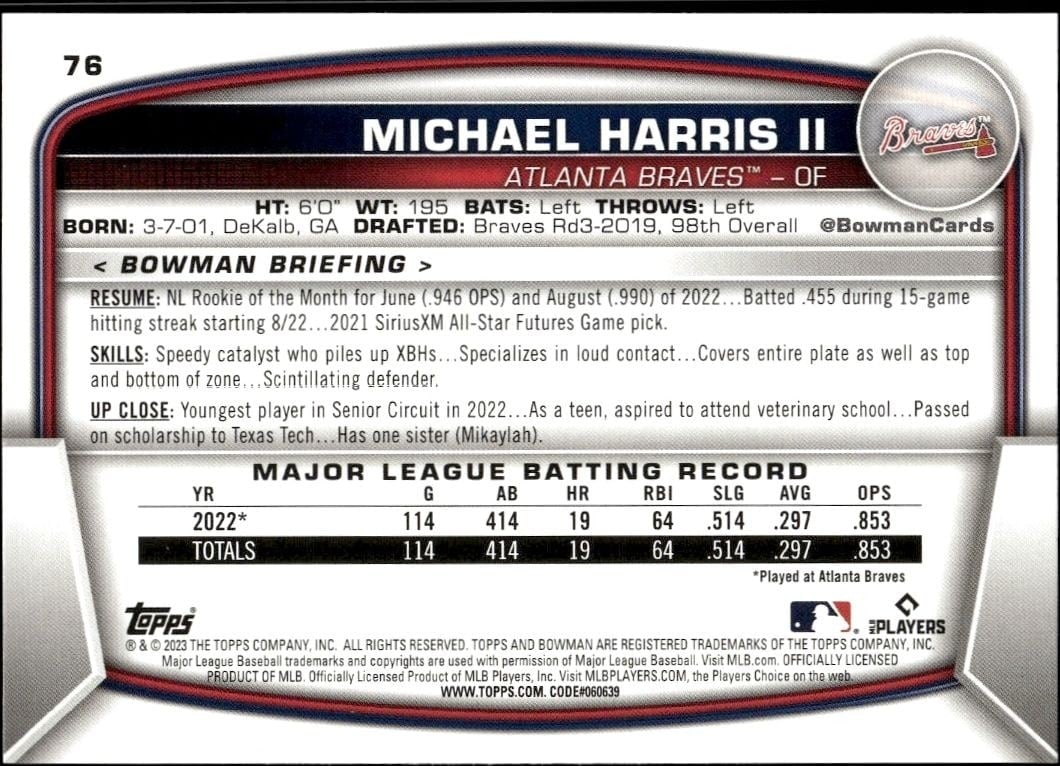 2023 Bowman Michael Harris II #76 baseball trading card back