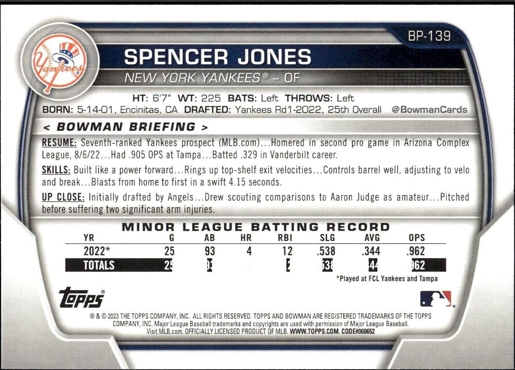 2023 Bowman Spencer Jones #BP-139 baseball trading card back
