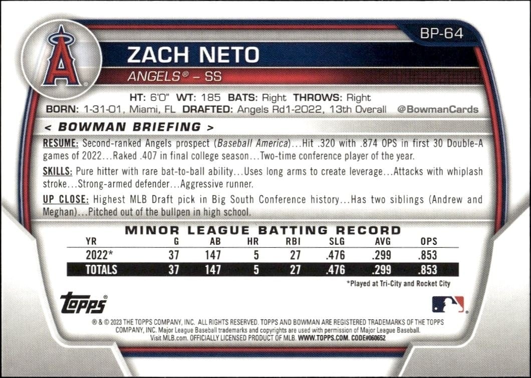 2023 Bowman Zach Neto #BP-64 baseball trading card back