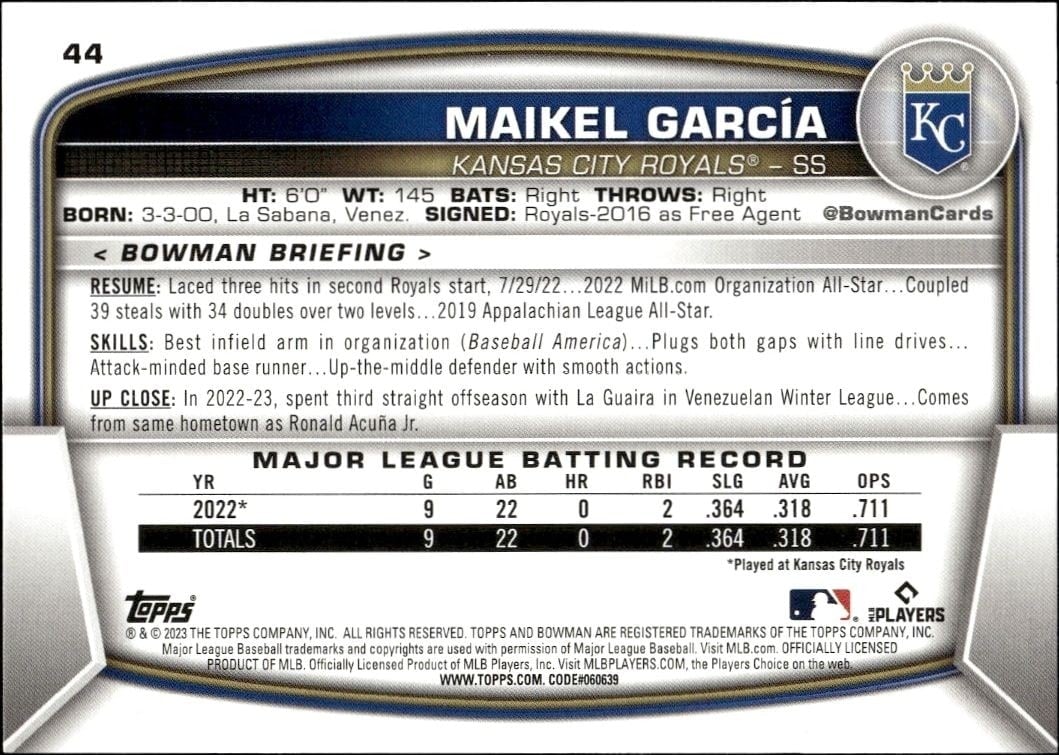 2023 Bowman Maikel Garcia #44 baseball trading card back