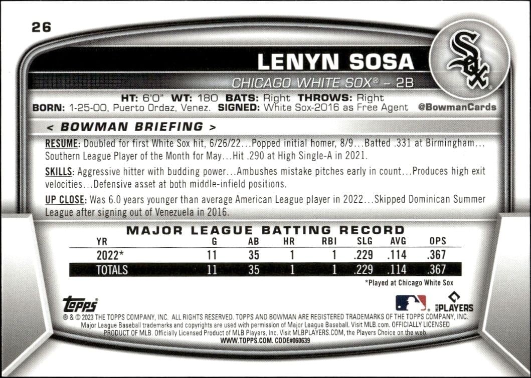 2023 Bowman Lenyn Sosa #26 baseball trading card back