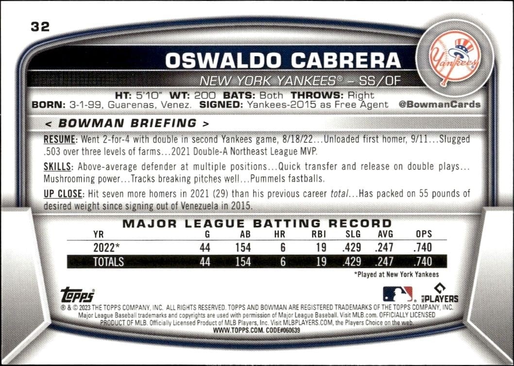 2023 Bowman Oswaldo Cabrera #32 baseball trading card back