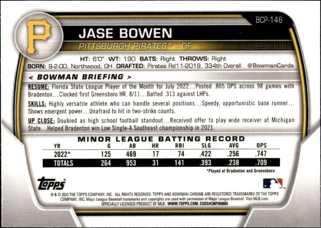 2023 Bowman Chrome Jase Bowen #BCP-146 baseball trading card back
