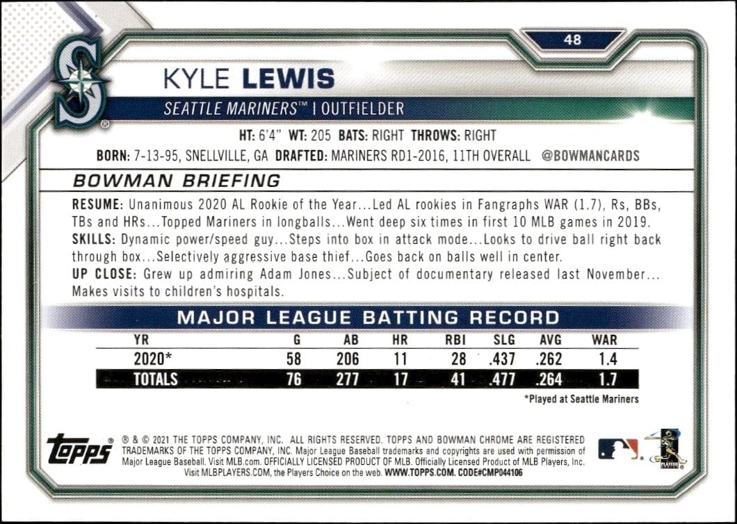 2021 Bowman Kyle Lewis #48 baseball trading card back