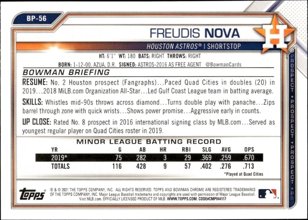2021 Bowman Freudis Nova #BP-56 baseball trading card back