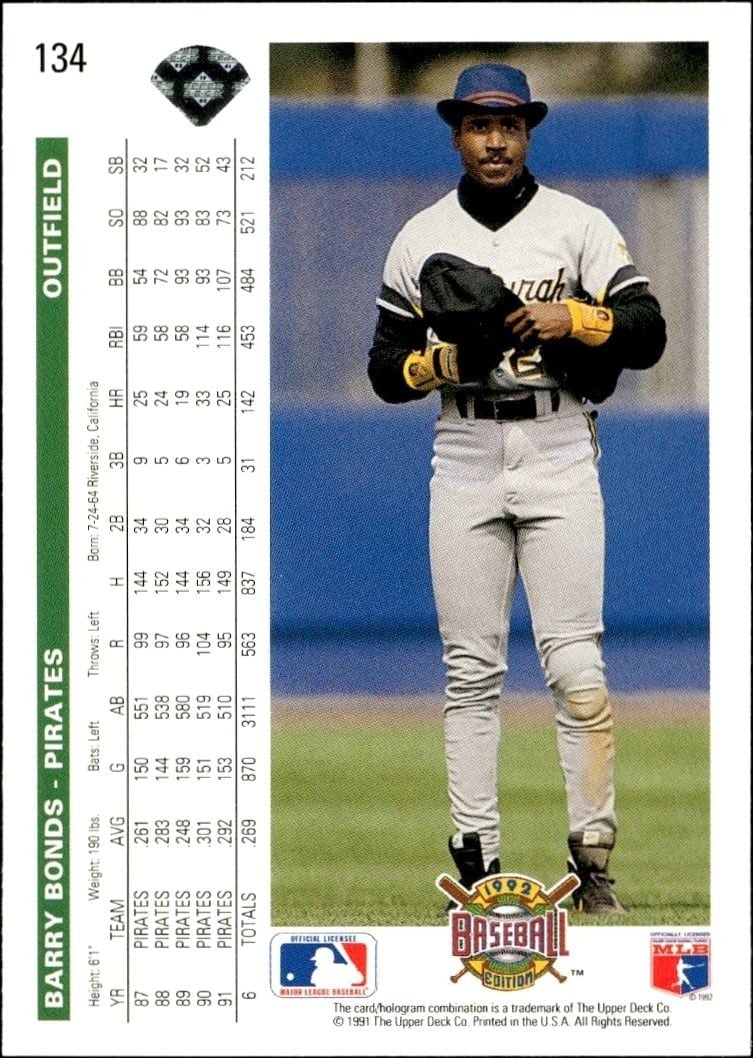 1992 Upper Deck Barry Bonds #134 baseball trading card back