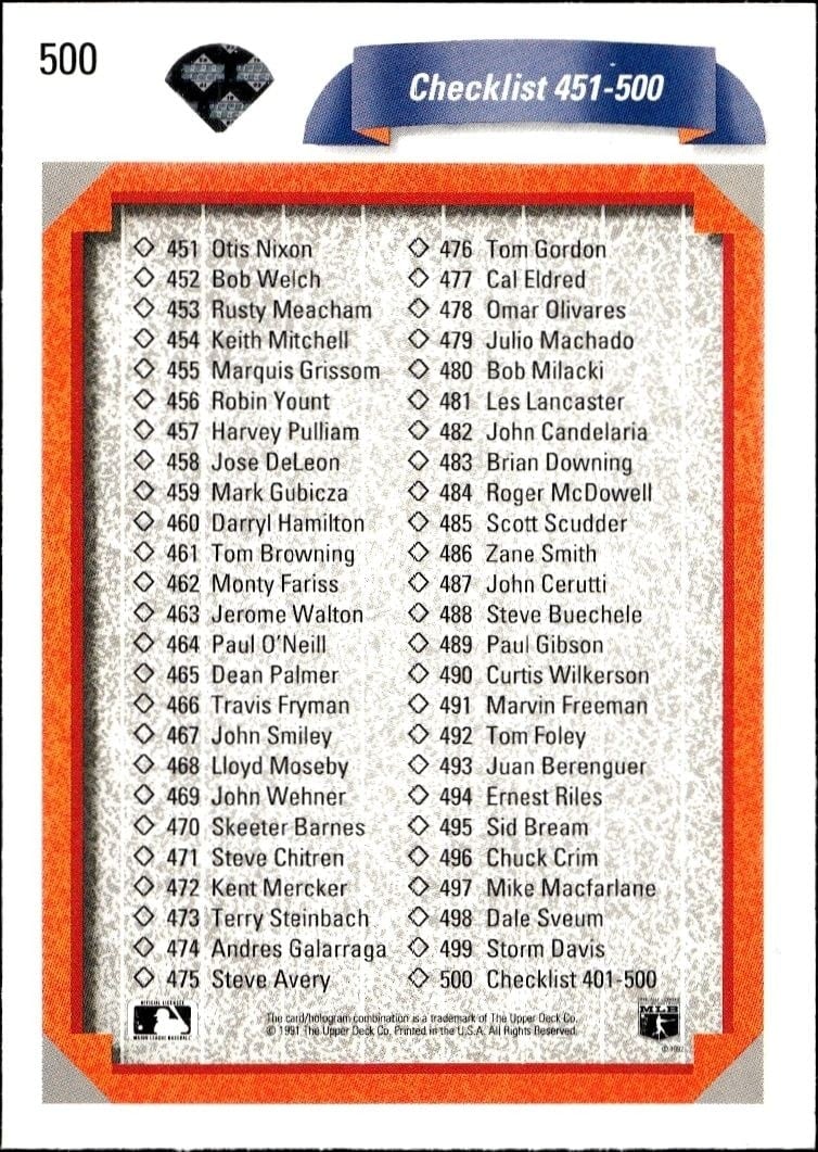 1992 Upper Deck Checklist #500 baseball trading card front