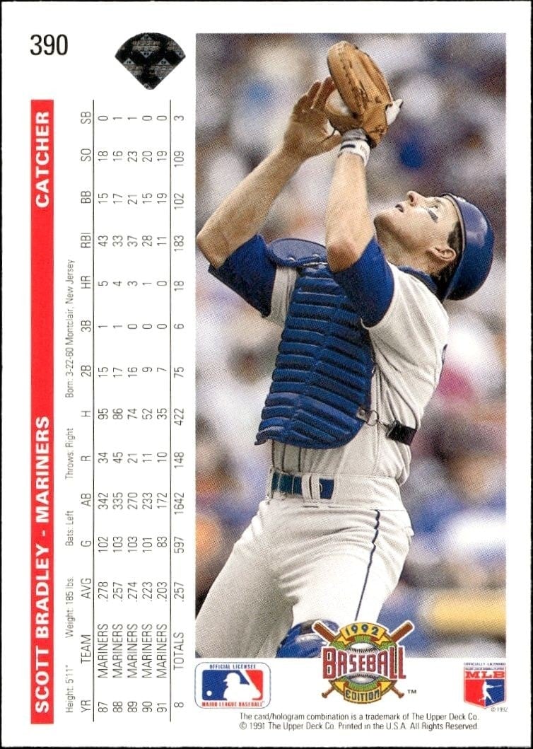 1992 Upper Deck Scott Bradley #390 baseball trading card back
