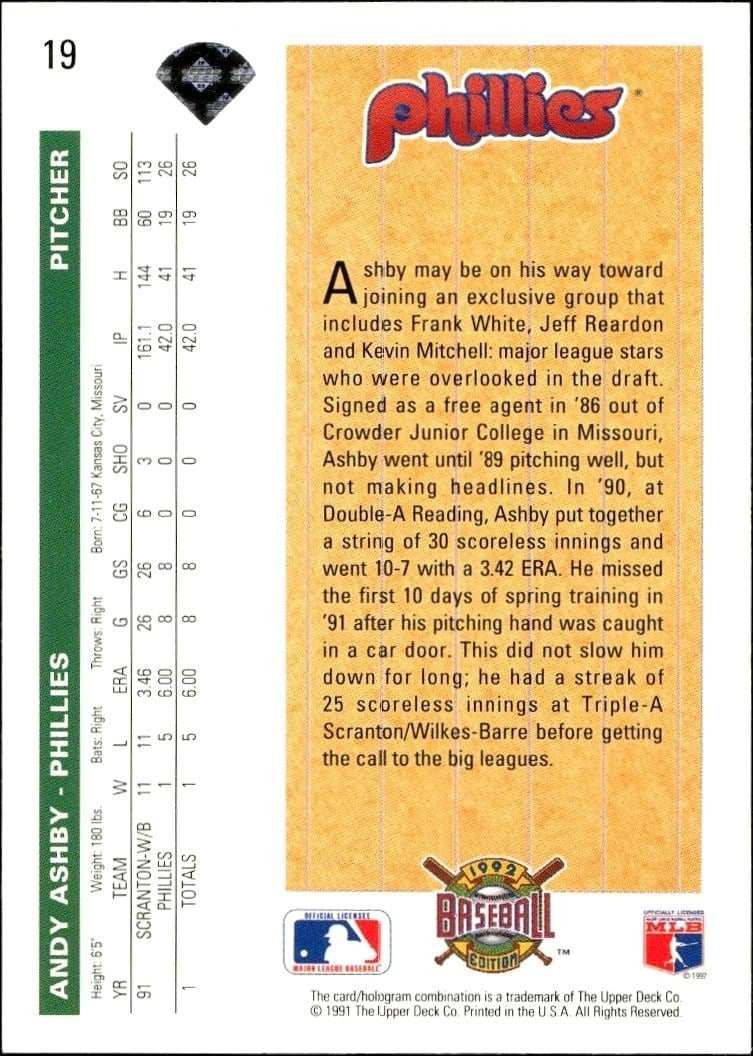 1992 Upper Deck Andy Ashby #19 baseball trading card back