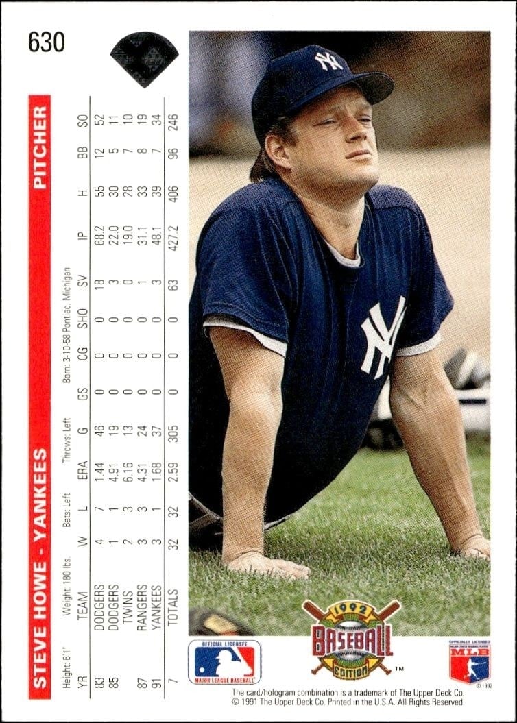 1992 Upper Deck Steve Howe #630 baseball trading card back