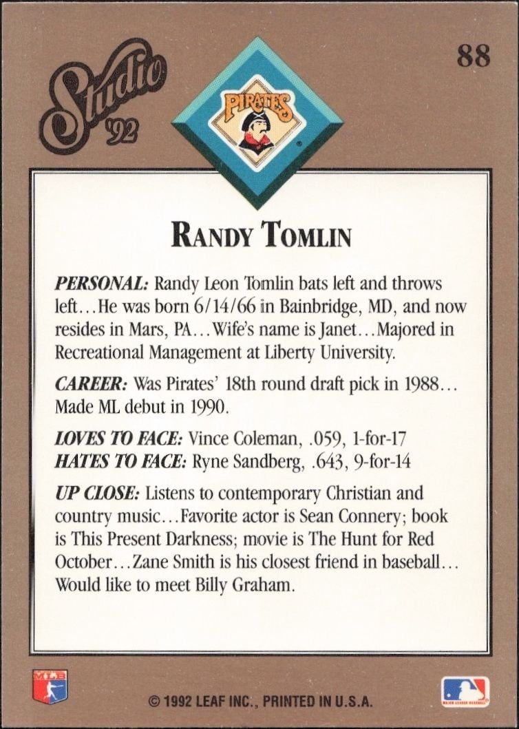 1992 Leaf Studio Randy Tomlin #88 baseball trading card back