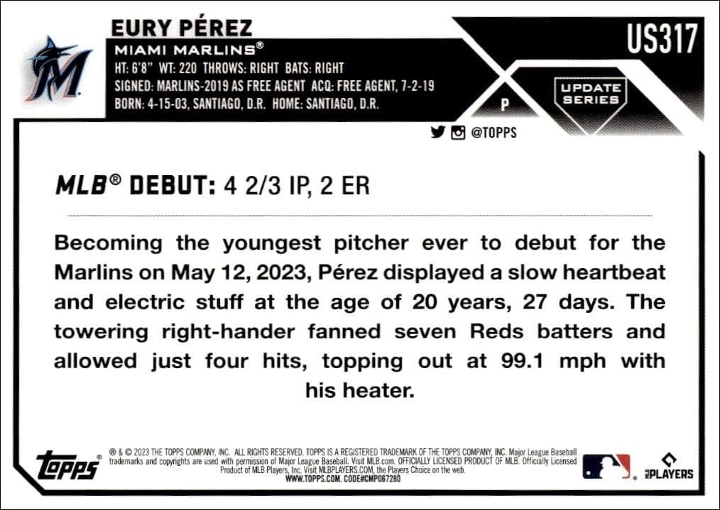 2023 Topps Update Eury Perez #US317 baseball trading card back