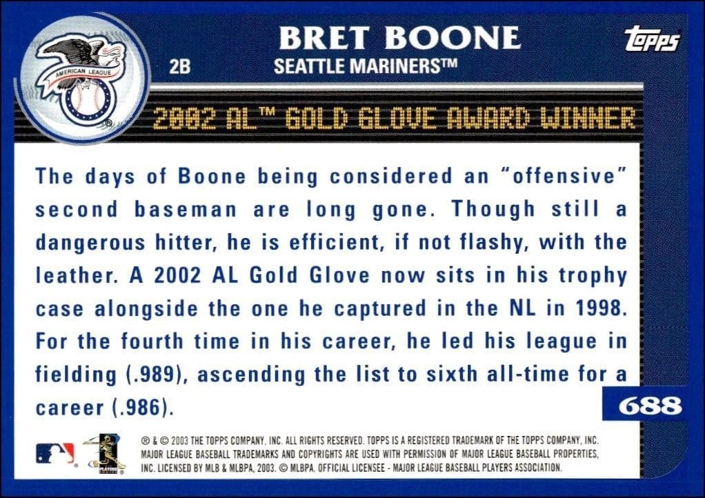 2003 Topps Bret Boone #688 baseball trading card back