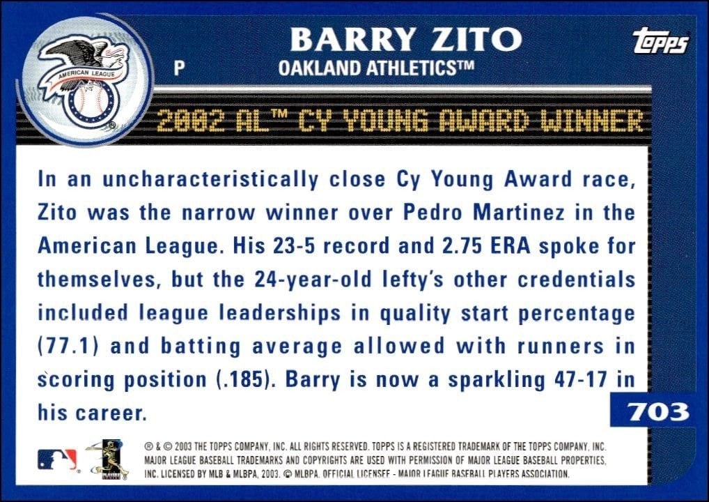 2003 Topps Barry Zito #703 baseball trading card back