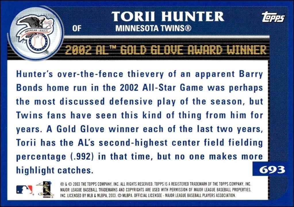 2003 Topps Torii Hunter #693 baseball trading card back