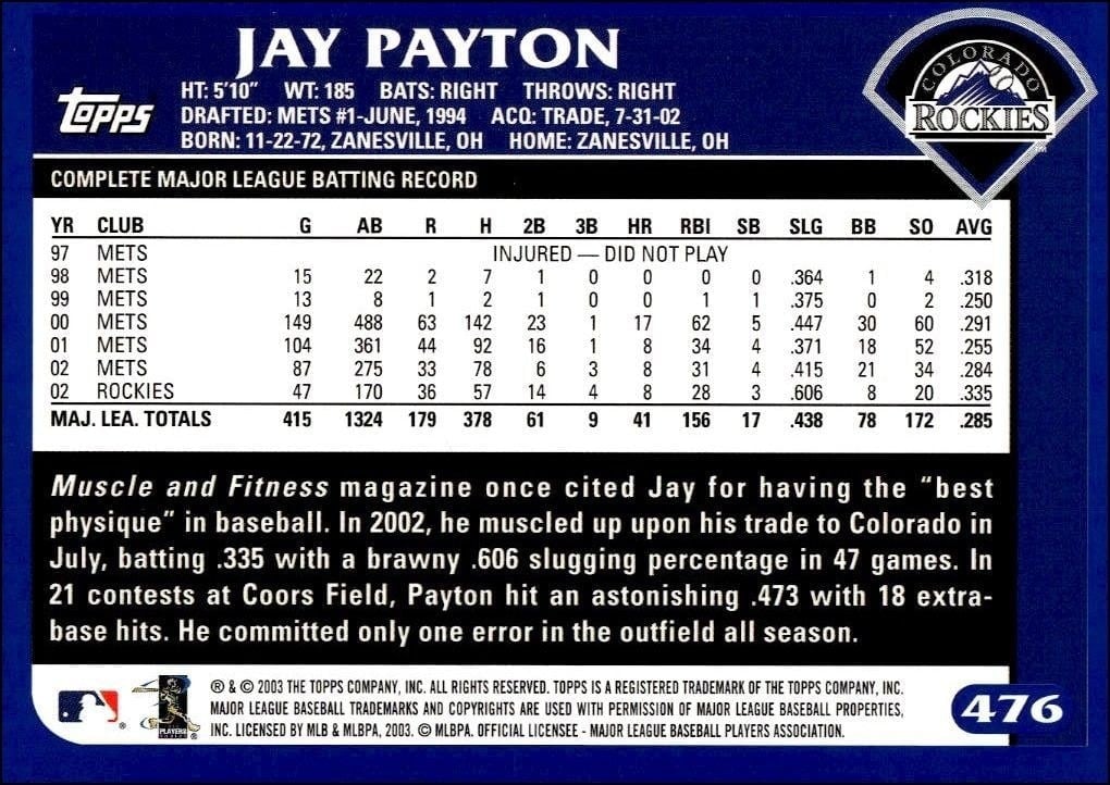 2003 Topps Jay Payton #476 baseball trading card back