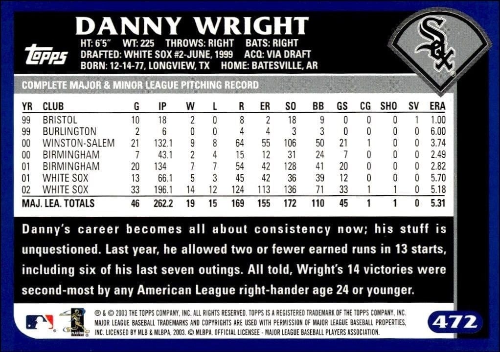 2003 Topps Danny Wright #472 baseball trading card back