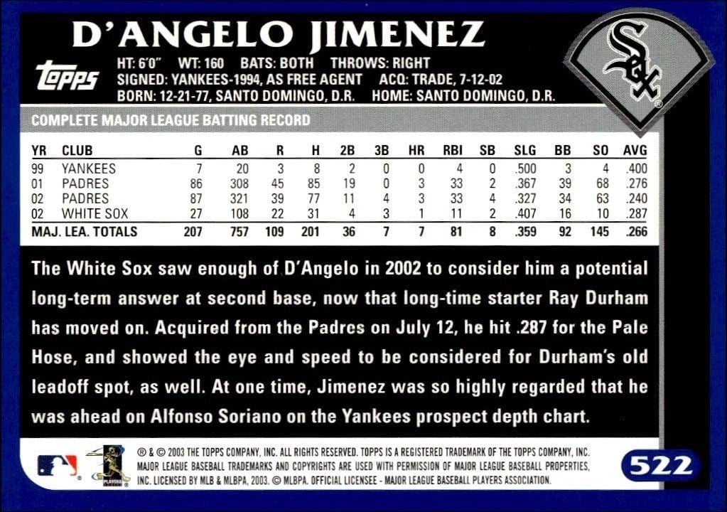 2003 Topps D'Angelo Jimenez #522 baseball trading card back