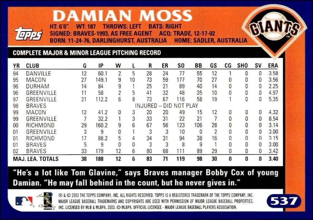 2003 Topps Damian Moss #537 baseball trading card back