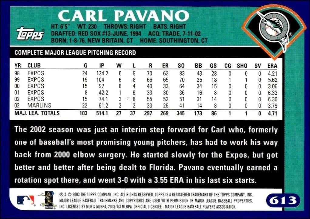 2003 Topps Carl Pavano #613 baseball trading card back