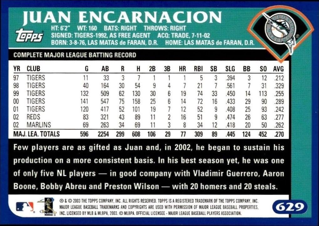 2003 Topps Juan Encarnacion #629 baseball trading card back