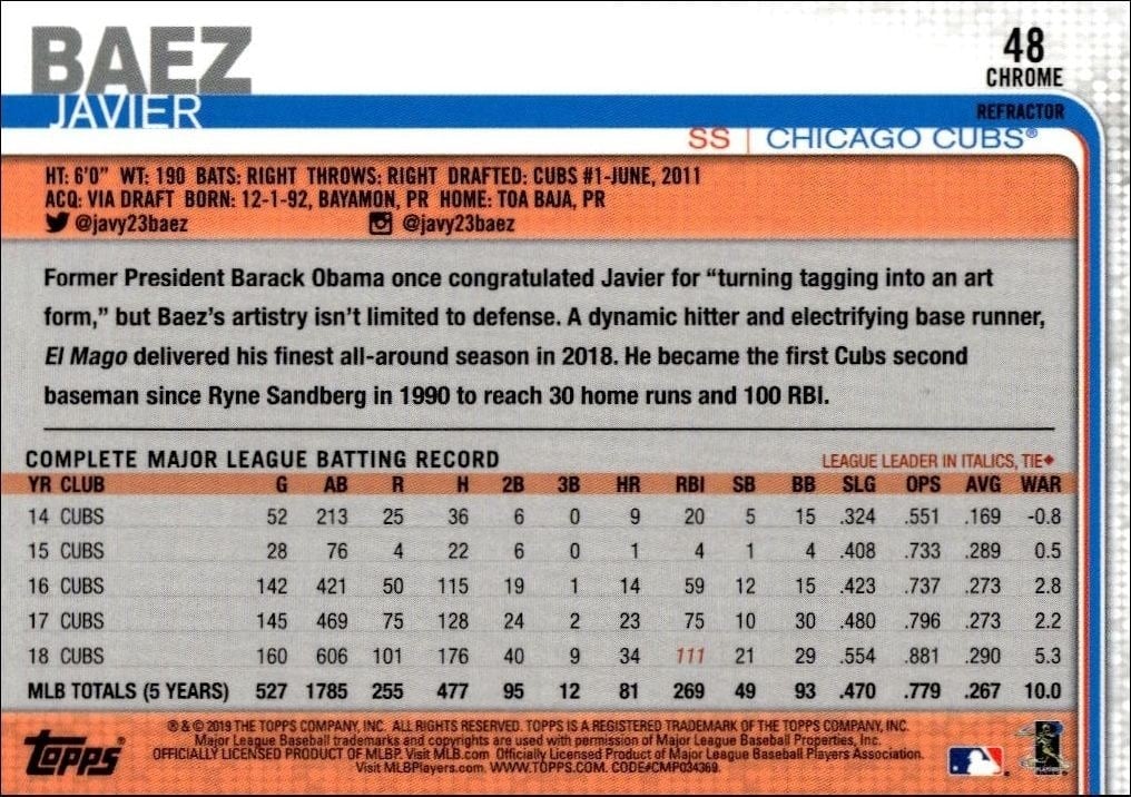 2019 Topps Chrome Javier Baez #48 baseball trading card back