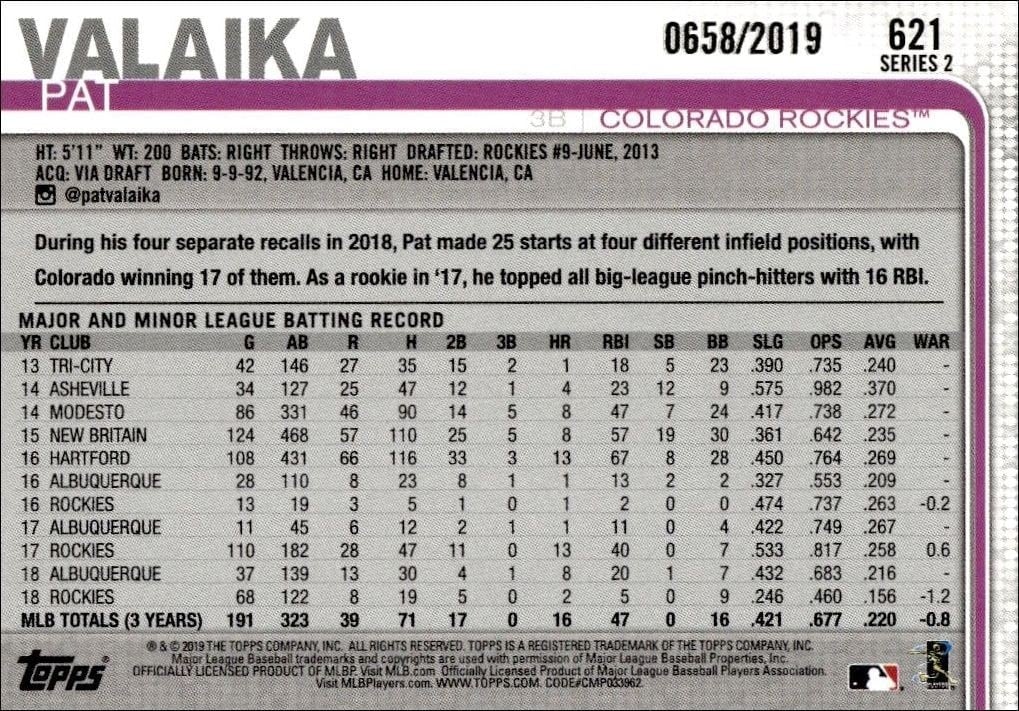 2019 Topps Series 2 Pat Valaika #621 baseball trading card back