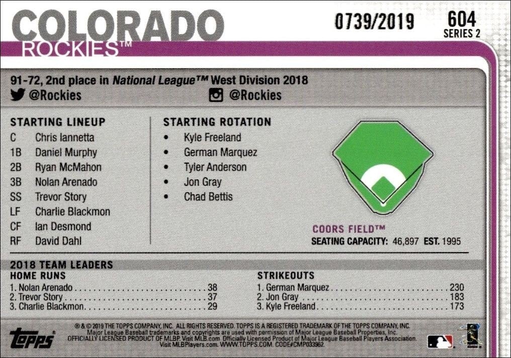 2019 Topps Series 2 Coors Field #604 baseball trading card back